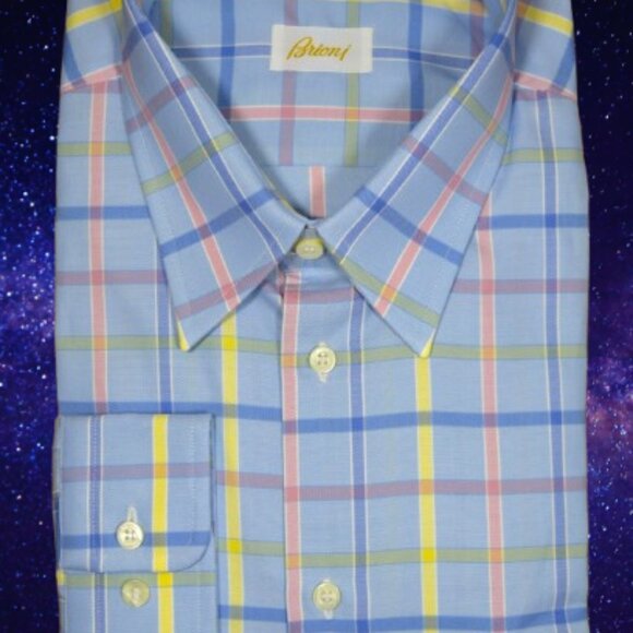 $950 NEW BRIONI DRESS SHIRT BLUE SALMON PINK PLAID CHECK HAND MADE XL 43 17 - Picture 1 of 11